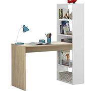 Dmora - Bureau Denton, Bureau multifonction réversible avec bibliothèque 5 étagères, Table d'étude ou de bureau pour support livre PC, 120x53h144 cm, Blanc et Chêne
