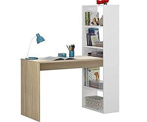 Dmora - Bureau Denton, Bureau multifonction réversible avec bibliothèque 5 étagères, Table d'étude ou de bureau pour support livre PC, 120x53h144 cm, Blanc et Chêne