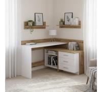 Dmora - Bureau Hudson, Pupitre Polyvalent, Table de Bureau pour PC, Plan de Travail, 130x112h82 cm, Blanc et nœuds de chêne Clair