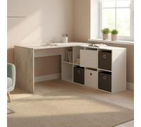 Dmora - Bureau Vallejo, bureau multifonction réversible multi-positions, table d'étude ou bureau porte PC avec étagère, 136x139h74 cm, blanc et ciment