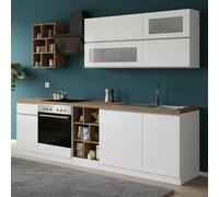 Dmora - Cuisine complète Ronald, Ensemble avec Garde-Manger, Meuble de kitchenette, Kit Bloc linéaire, 100% Made in Italy, 255x60h85 cm, Blanc Brillant et chêne