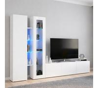 Dmora - Élément mural Dimitri, meuble TV 3 portes, Meuble de salon polyvalent avec vitrine et lumière LED, 100% Made in Italy, 280x30h180 cm, Blanc brillant