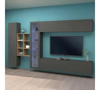 Dmora - Élément Mural Dino, Ensemble de Salon Meuble TV 4 Portes, Meuble de Salon Polyvalent avec vitrine et lumière LED, 100% Made in Italy, 280x30h180 cm, Anthracite et Érable