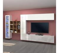 Dmora - Élément mural Emilio, meuble TV 4 portes, Meuble de salon polyvalent avec vitrine et lumière LED, 100% Made in Italy, 310x30h180 cm, Blanc brillant et érable