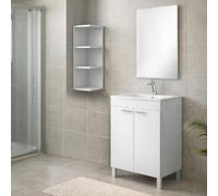 Dmora Ensemble de Meubles de Salle de Bain Eloy Blanc Brillant Miroir Inclus 3 étagères, 2 Portes