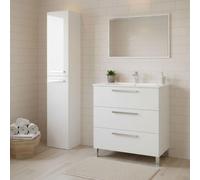 Dmora Ensemble de Meubles de Salle de Bain Page Blanc Brillant Miroir Inclus 3 tiroirs, 2 étagères