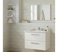 Dmora Ensemble de Meubles de Salle de Bain Thatcher Blanc Brillant Miroir Inclus 2 tiroirs, 2 étagères
