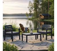 Dmora - Ensemble de salon d'extérieur Benevento, Composition de jardin avec 2 fauteuils et 1 table basse, Salon intérieur et extérieur avec coussins, 100% Made in Italy, Anthracite