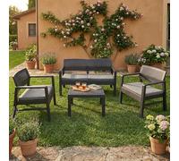 Dmora - Ensemble de salon d'extérieur Carpi, Composition de jardin avec 2 fauteuils, 1 canapé et 1 table basse, Salon effet rotin avec coussins, 100% Made in Italy, Anthracite