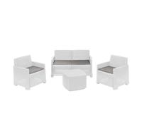 Dmora - Ensemble de salon d'extérieur Peschici, Composition de jardin avec 2 fauteuils, 1 canapé et 1 table de rangement, Effet rotin avec coussins, 100% Made in Italy, Blanc