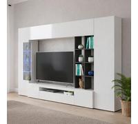 Dmora - Ensemble Mural Ocean, Meuble TV pour Salon, Meuble de Salon Polyvalent avec lumière LED, 100% Made in Italy, 290x40h192 cm, Blanc Brillant et Ardoise