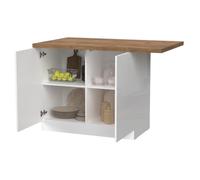 Dmora Îlot de cuisine Bohinjj 130 x 80 x H 90 cm, blanc brillant, 2 étagères, 4 compartiments, meuble garde-manger, 2 portes, fabriqué en Italie