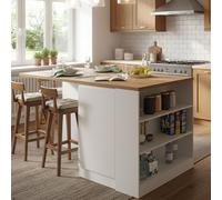 Dmora - Îlot de Cuisine Osvaldo, Armoire Polyvalente, Meuble de kitchenette, Table auxiliaire, 100% Made in Italy, 160x90h90 cm, Blanc Brillant et chêne