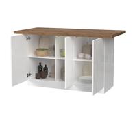 Dmora Îlot de cuisine Plastira 160 x 80 x H 90 cm, blanc brillant, 3 étagères, 6 compartiments, meuble garde-manger, 3 portes, fabriqué en Italie