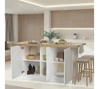 Dmora Îlot de cuisine Plastira 160 x 80 x H 90 cm, blanc brillant, 3 étagères, 6 compartiments, meuble garde-manger, 3 portes, fabriqué en Italie