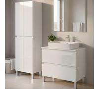 Dmora Kingman Ensemble de Meubles de Salle de Bain Blanc Brillant 2 tiroirs, 3 étagères, 4 Portes