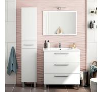 Dmora LakeHavas Ensemble de Meubles de Salle de Bain Blanc Brillant Miroir Inclus 4 tiroirs, 2 étagères