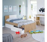 Dmora Lit d'enfant Anaheim, Lit Coffre Simple avec tête de lit, Cadre de lit avec 2 tiroirs, 196x97h77 cm, Chêne noué et Blanc