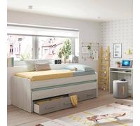 Dmora - Lit d'enfant Spokane, Cadre de lit pour chambre, Lit simple avec lit gigogne et 4 tiroirs, 198x96h69 cm, Blanc et Marron