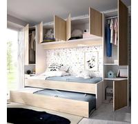 Dmora - Lit Enfant Venturosa, Chambre complète avec Armoire Pont et Commode, Composition avec lit et lit gigogne Simple, 303x97h203 cm, Chêne et Blanc
