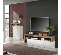 Dmora Meuble de salon meuble TV moderne avec étagères, Buffet bas avec porte abattante, Fabriqué en Italie, 184x58xh42 cm, Couleur Blanc et Poire
