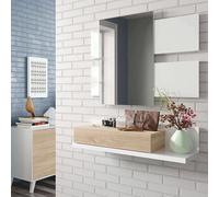 Dmora - Meuble d'entrée Erie, Hall d'entrée suspendu avec miroir, Armoire avec tiroir pour entrée, cm 75x29h90, Blanc brillant et noyer