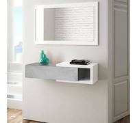 Dmora - Meuble d'entrée Mcallen, Entrée réversible avec miroir, Meuble d'entrée avec tiroir, Plateau de poche pour appartements, 95x26h69 cm, Blanc et Ciment