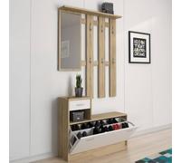 Dmora - Meuble d'entrée Sargassi, Crochet d'entrée, Composition pour l'atrium, Console de rangement multifonction, 100x26h190 cm, Blanc et chêne clair