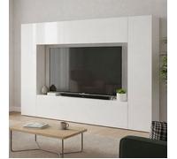 Dmora - Meuble haut Amel, 260x30xh180 cm, Blanc brillant, Panneau effet bois