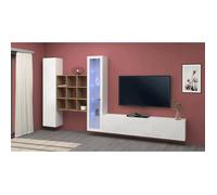 Dmora - Meuble haut Arizzano, 310x30xh180 cm, Blanc brillant, Érable, Panneau effet bois et Verre