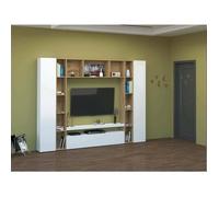 Dmora - Meuble haut Austis, 270x35xh210 cm, Blanc brillant, Chêne, Panneau effet bois
