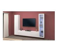 Dmora - Meuble haut Felicina, 260x30xh180 cm, Blanc brillant, Panneau effet bois et Verre