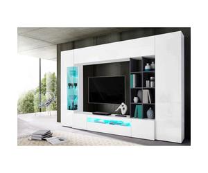 Dmora - Meuble mural Andy, 290x40xh192 cm, Blanc brillant, Ardoise, Panneau effet bois et Verre