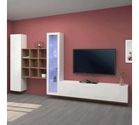 Dmora - Meuble Mural Emilio, Ensemble de Salon Meuble TV avec 3 Portes, Meuble de Salon Polyvalent avec vitrine et lumière LED, 100% Made in Italy, cm 310x30h180, Blanc Brillant et Érable