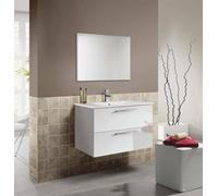 Dmora - Meuble sous-vasque Inglewood, Meuble de salle de bain suspendu, Armoire avec 2 tiroirs et miroir, 80x45h57 cm, Blanc brillant