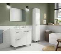 Dmora - Meuble sous-vasque Lakewood, Meuble de salle de bain, armoire 2 portes avec deux tiroirs avec miroir, lavabo non inclus, 80x45h80 cm, Blanc brillant