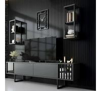 Dmora - Meuble TV Ananke, Buffet de Salon, Armoire Basse pour TV, Base Murale de Rangement, 180x30h48 cm, Anthracite et Noir