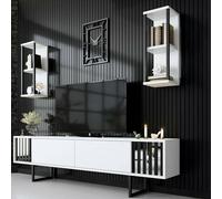 Dmora - Meuble TV Ananke, Buffet de Salon, Armoire Basse pour TV, Base Murale de Rangement, 180x30h48 cm, Blanc et Noir