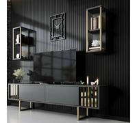 Dmora - Meuble TV Eunomia, Buffet de Salon, Armoire Basse pour TV, Base Murale de Rangement, 180x30h48 cm, Anthracite et Noir