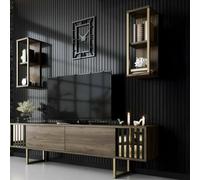 Dmora - Meuble TV Eunomia, Buffet de Salon, Armoire Basse pour TV, Base Murale de Rangement, 180x30h48 cm, Noyer et Noir