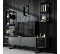 Dmora - Meuble TV Kaus, Buffet de Salon, Armoire Basse pour TV, Base Murale de Rangement, 180x30h48 cm, Anthracite et Noir