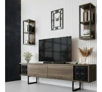 Dmora - Meuble TV Kaus, Buffet de Salon, Armoire Basse pour TV, Base Murale de Rangement, 180x30h48 cm, Noyer et Noir