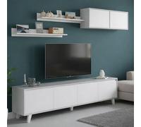 Dmora - Mur de Rangement Vergennes, Ensemble de Salon, Meubles de Salon Polyvalents, Mur de Rangement Moderne, 200x41h50 cm, Ciment et Blanc Brillant