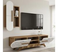Dmora Mur équipé Nemb, Composition Salon, Meuble Salon Polyvalent, Armoire pour TV, 145x35h37 cm, Noyer et Blanc