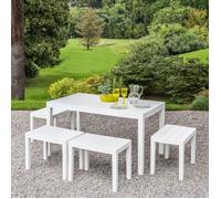 Dmora Set d'extérieur avec 1 table rectangulaire 4 bancs, Made in Italy, couleur blanche