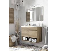 Dmora - Shreveport Meuble sous-vasque, meuble de salle de bain 2 portes, meuble suspendu avec étagère et miroir, évier non inclus, 80 x 45 h 64 cm, chêne