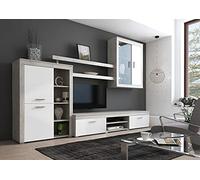 Dmora Système mural de salon, meuble TV, étagères et vitrine, Salon moderne complet, Made in Italy, 293x50h144 cm, Couleur Blanc et Ciment