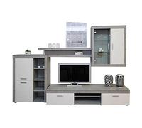 Dmora Système mural de salon, meuble TV, étagères et vitrine, Salon moderne complet, Made in Italy, 293x50h144 cm, Couleur Blanc et Ciment