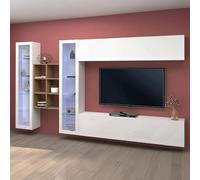 Dmora - Système mural Demetrio, meuble TV 4 portes, Meuble de salon polyvalent, 100% Made in Italy, 280x30h180 cm, Blanc brillant et érable