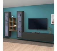 Dmora - Système Mural Eros, Ensemble de Salon Meuble TV 3 Portes, Meuble de Salon Polyvalent avec vitrine et lumière LED, 100% Made in Italy, 320x30h180 cm, Anthracite